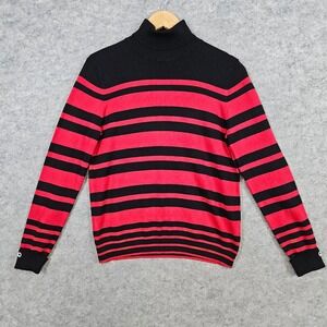 Joseph A Womens Turtleneck Sweater Size PM Red Black Striped Blingy Cuff Buttons